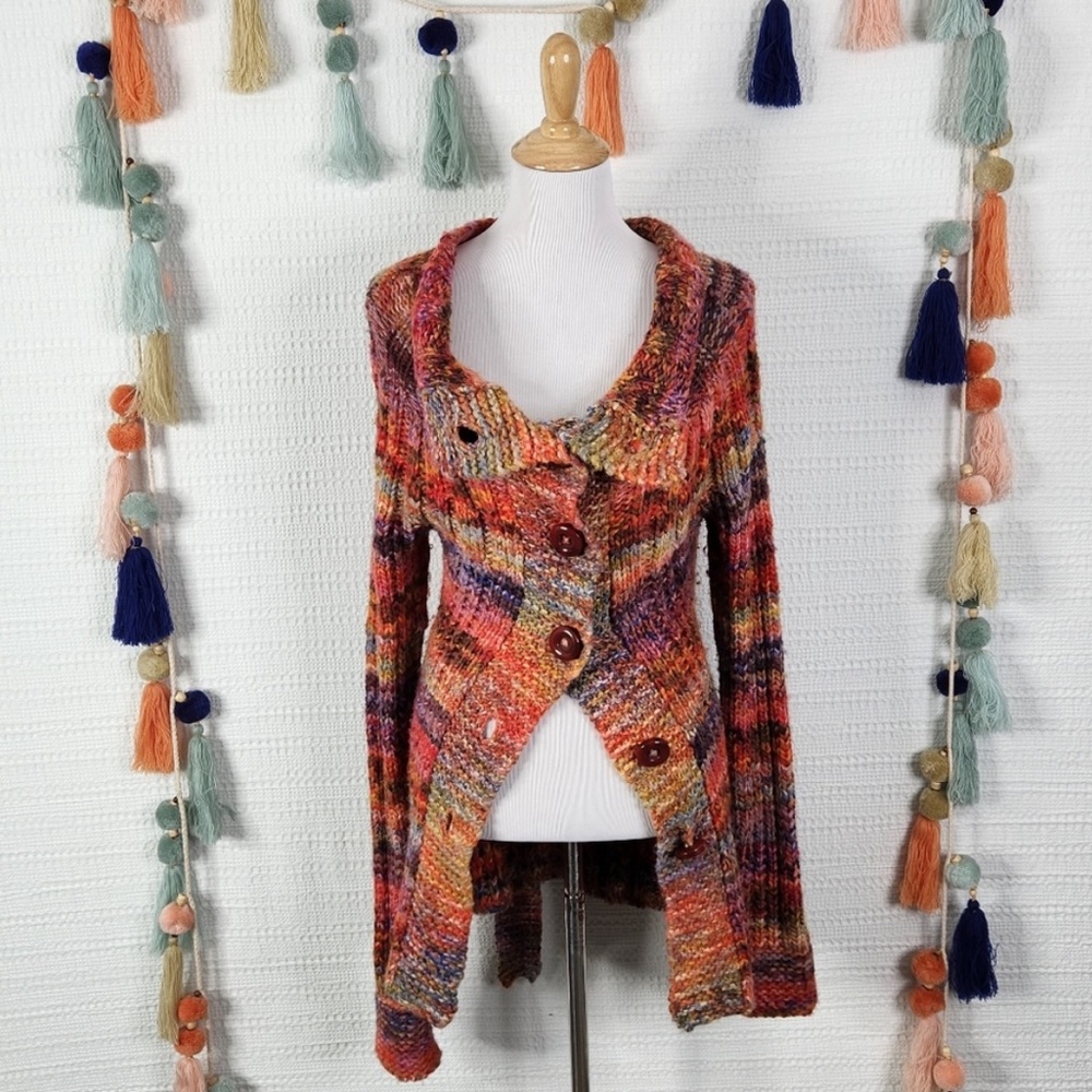 Free People Bohemian Long Multicolor Rainbow Chunky Wool Cardigan S!